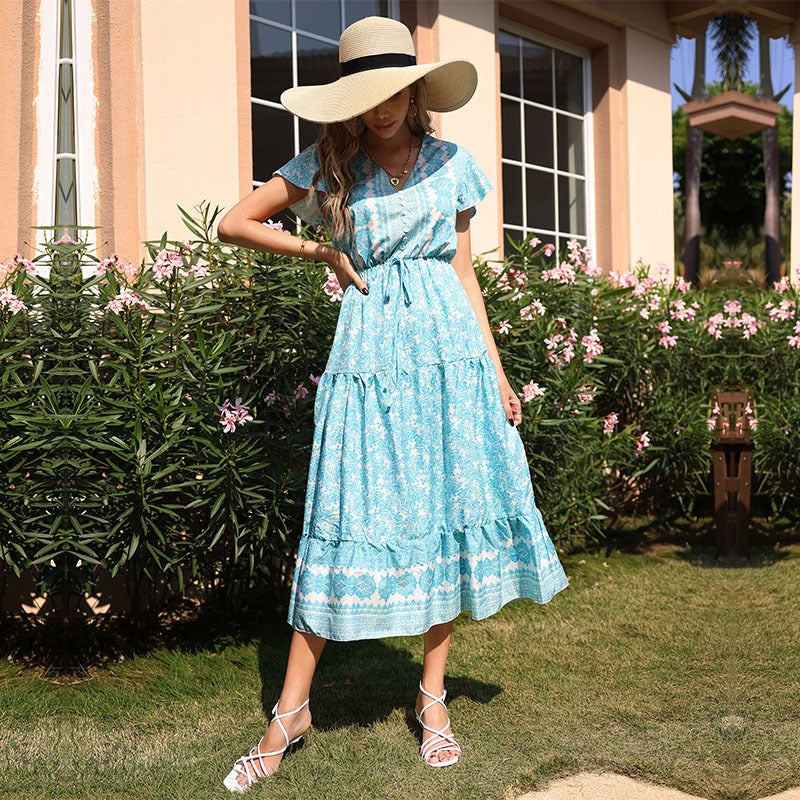 Damen sommerliches Maxikleid mit floralem Schnitt und Rüschendetails Drune