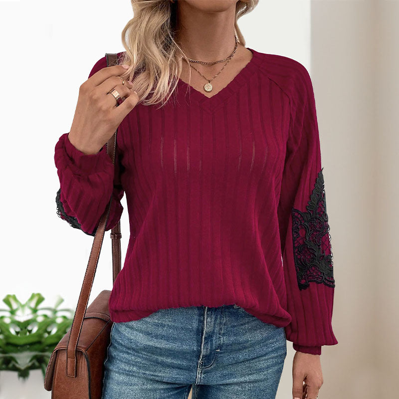 Damen Eleganter V-Ausschnitt Pullover mit Spitzen-Ärmeldetails Drune