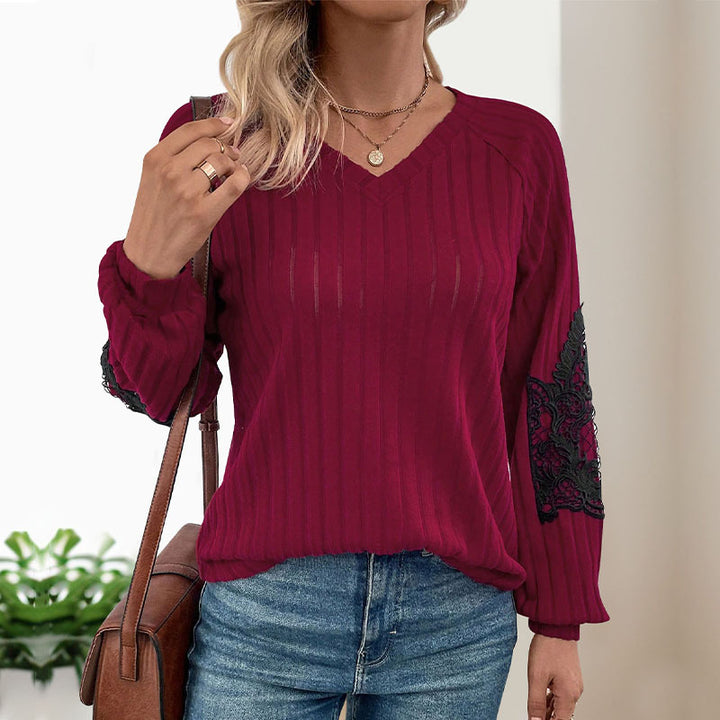 Damen Eleganter V-Ausschnitt Pullover mit Spitzen-Ärmeldetails Drune