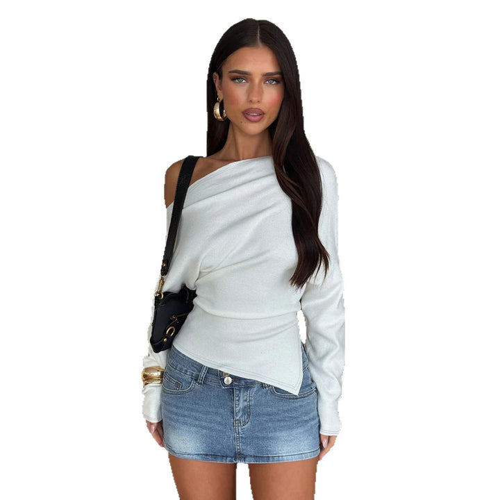 Damen nan figurnahes Stretch-Top mit weitem U-Boot-Ausschnitt und asymmetrischem Saum Drune