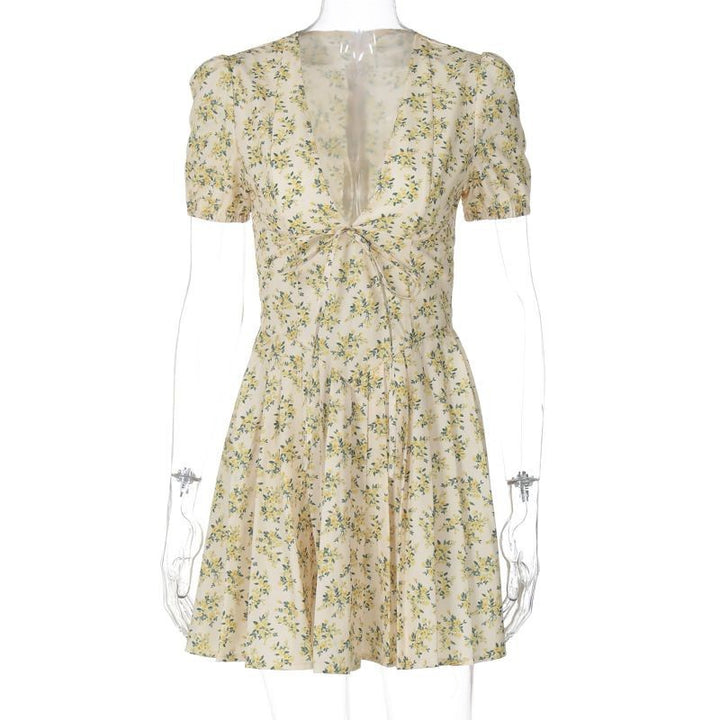 Damen Puffärmel Kleid mit tiefem V-Ausschnitt und tailliertem Design Drune
