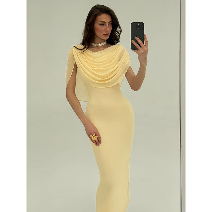 Damen Elegantes Couture-Kleid mit drapiertem Überwurf Drune