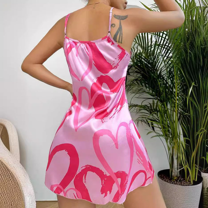 Damen Seidenkleid mit verspielt bedrucktem Herzmuster und schmalen Trägern Drune