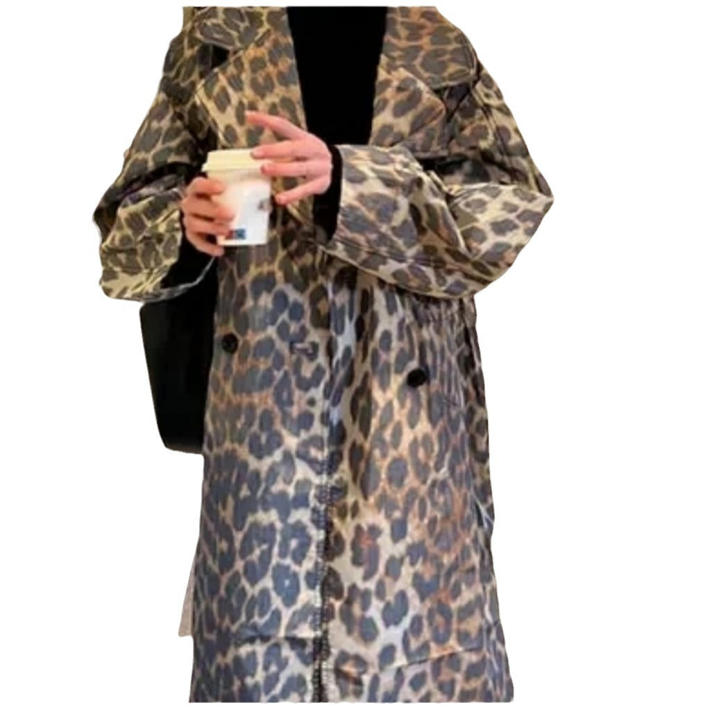 Damen Modische Leo-Muster Trenchjacke Drune