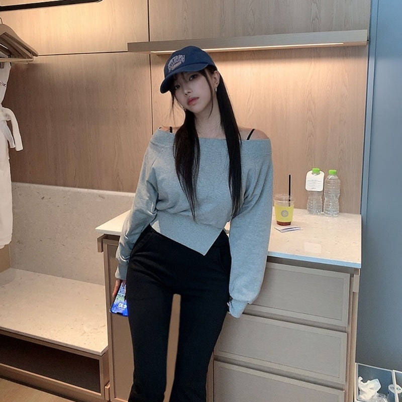 Damen lässiges Cropped Sweatshirt mit asymmetrischem Saum Drune