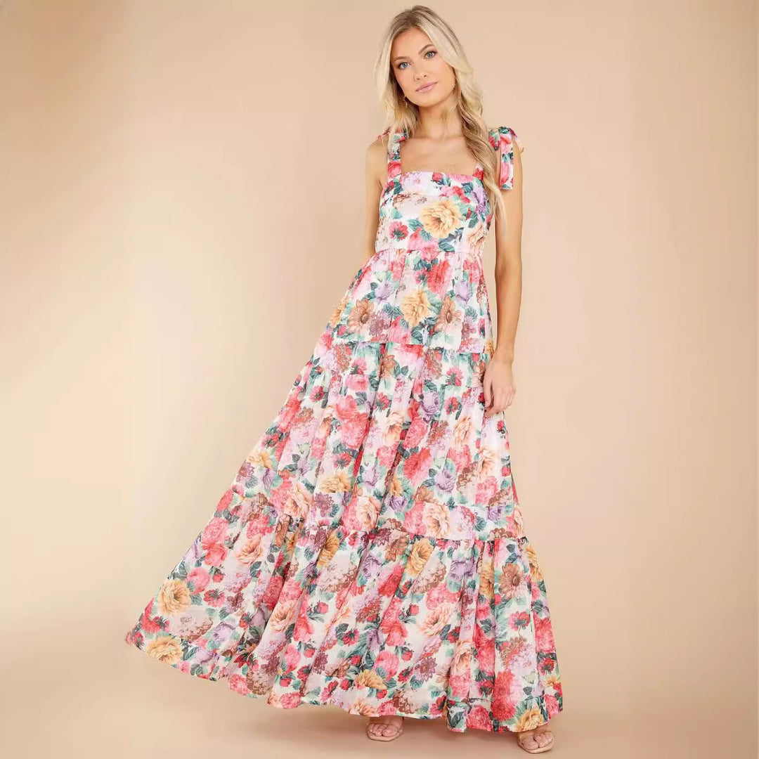 Damen Boho Maxikleid mit verspielten Rüschendetails und Trägern Drune