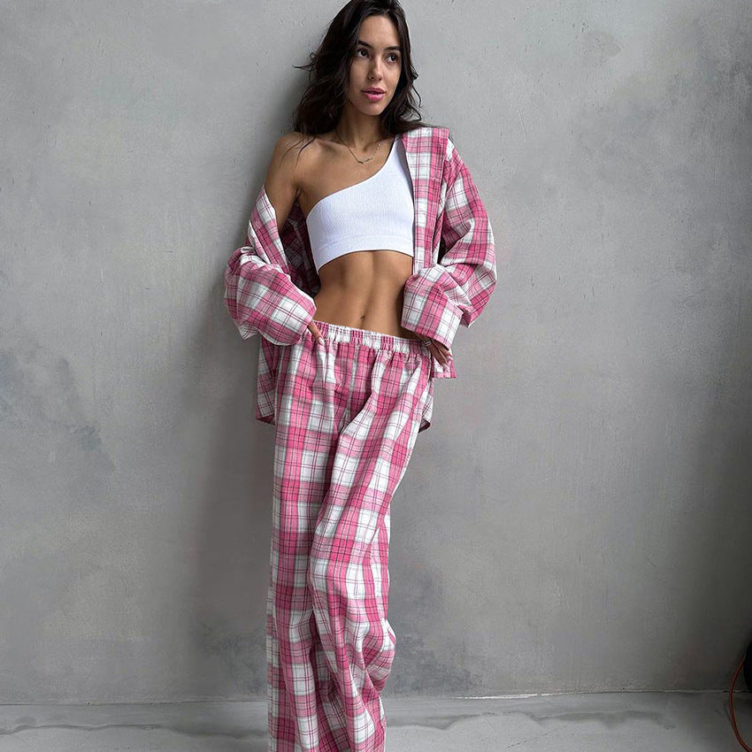 Damen lässiges Karomuster Pyjama-Set Drune