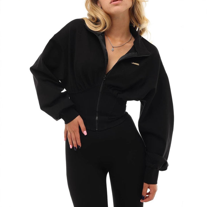Damen cropped Sweatjacke mit hohem Kragen und weiten Ärmeln Drune