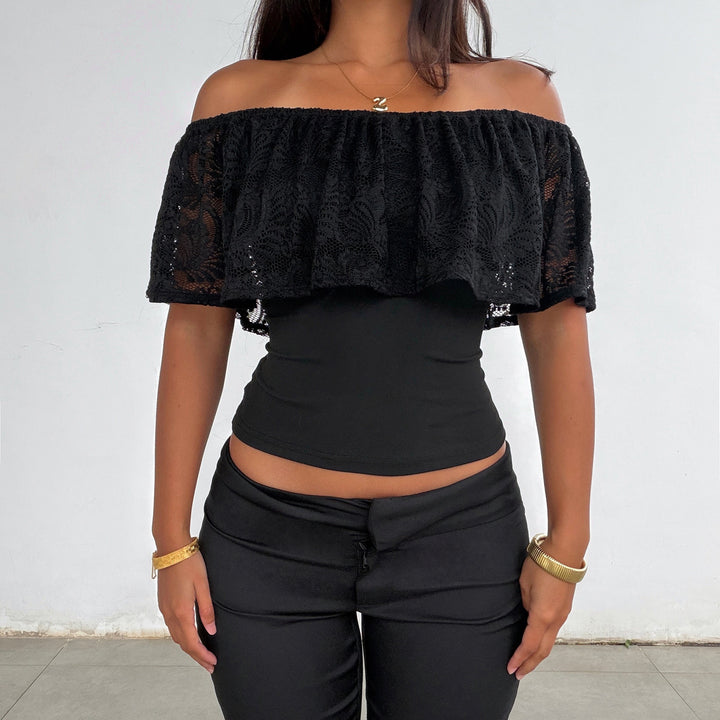 Damen Off-Shoulder Spitze Oberteil Drune
