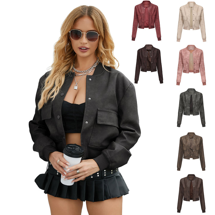 Damen nan kurze Crop-Kunstlederjacke im Blousonstil mit Druckknopffront und aufgesetzten Pattentaschen Drune