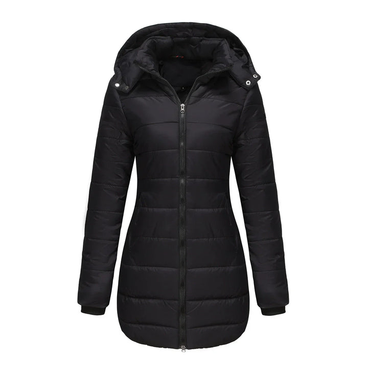 Drune | Damen Pufferjacke – Gepolstert isoliert – Abnehmbare Kapuze – Rippbündchen – Mittellange Passform