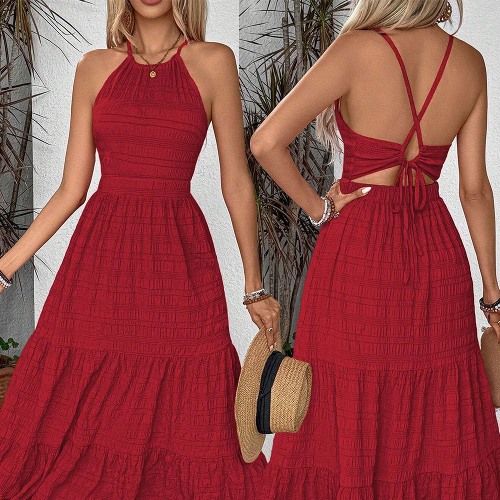 Damen Maxi-Kleid mit offenem Rücken und voluminösem Rüschensaum Drune