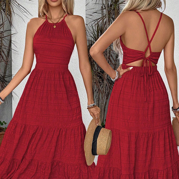 Damen Maxi-Kleid mit offenem Rücken und voluminösem Rüschensaum Drune