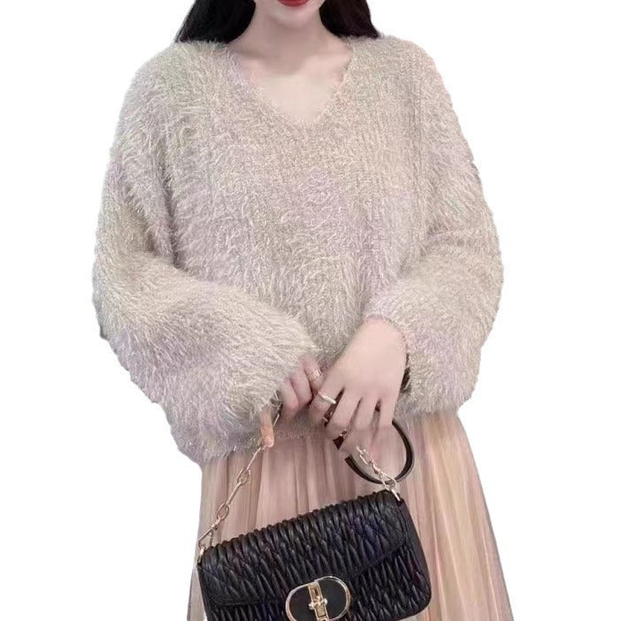 Damen kuscheliger V-Ausschnitt Pullover mit glitzerndem Faden Drune
