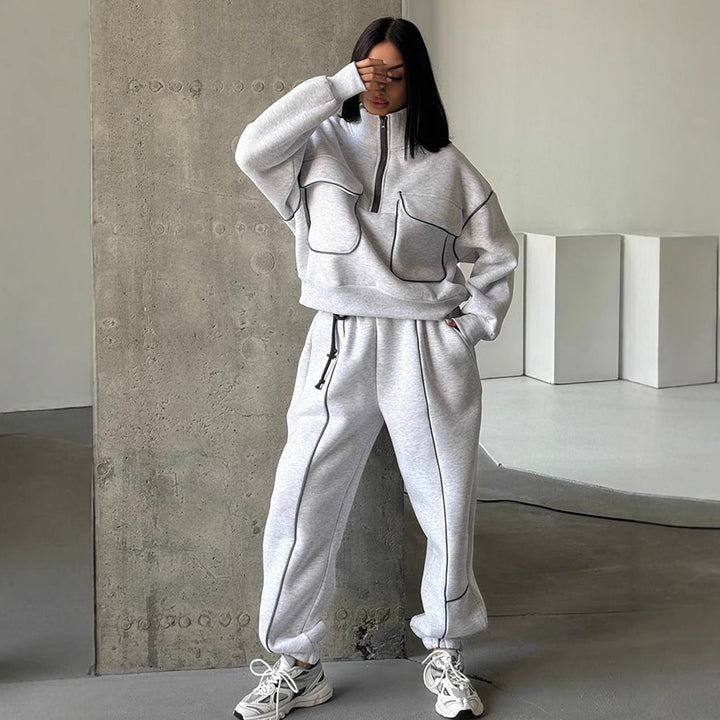 Damen nan Oversize Halbzip-Sweatshirt mit aufgesetzten Klappentaschen und Kontrastpaspeln Drune