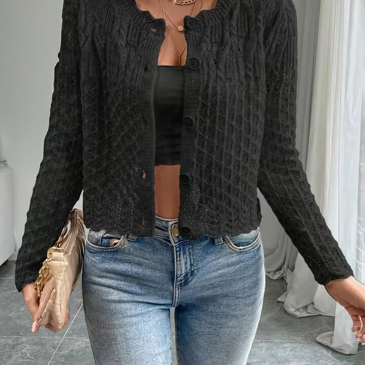 Damen Strickjacke mit einzigartiger Häkelstruktur und knopflosem Design Drune
