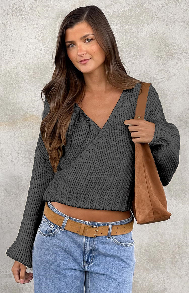 Damen kuscheliger Strickpullover mit modernem Wickeldesign Drune