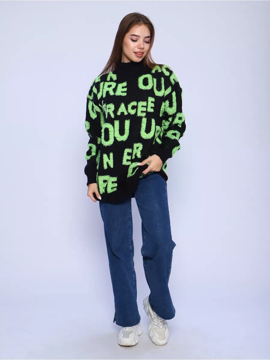 Damen Oversized Pullover mit grafischem Schriftzug und hohem Kragen Drune