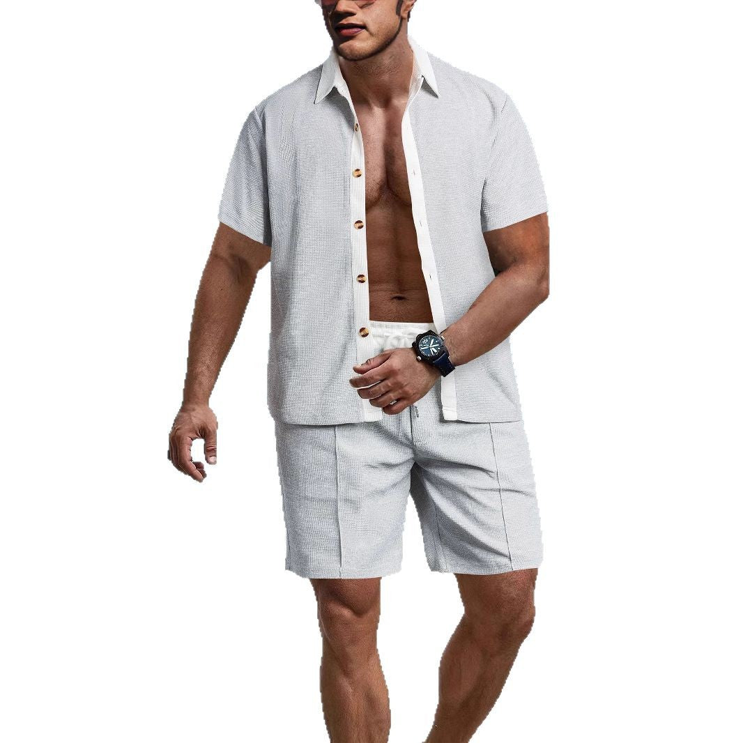 Herren nan modernes Freizeit-Set aus feinem Strukturjersey mit Hemdkragen-Knopfleiste und Kordel-Shorts Drune