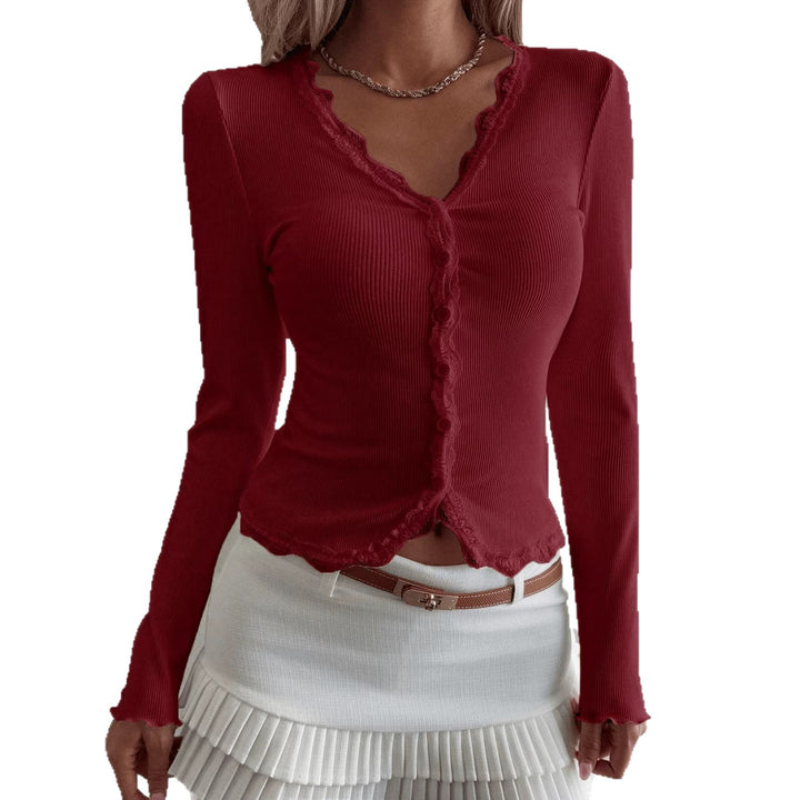 Damen Langarmshirt mit zarten Spitzen- und Knopfdetails Drune