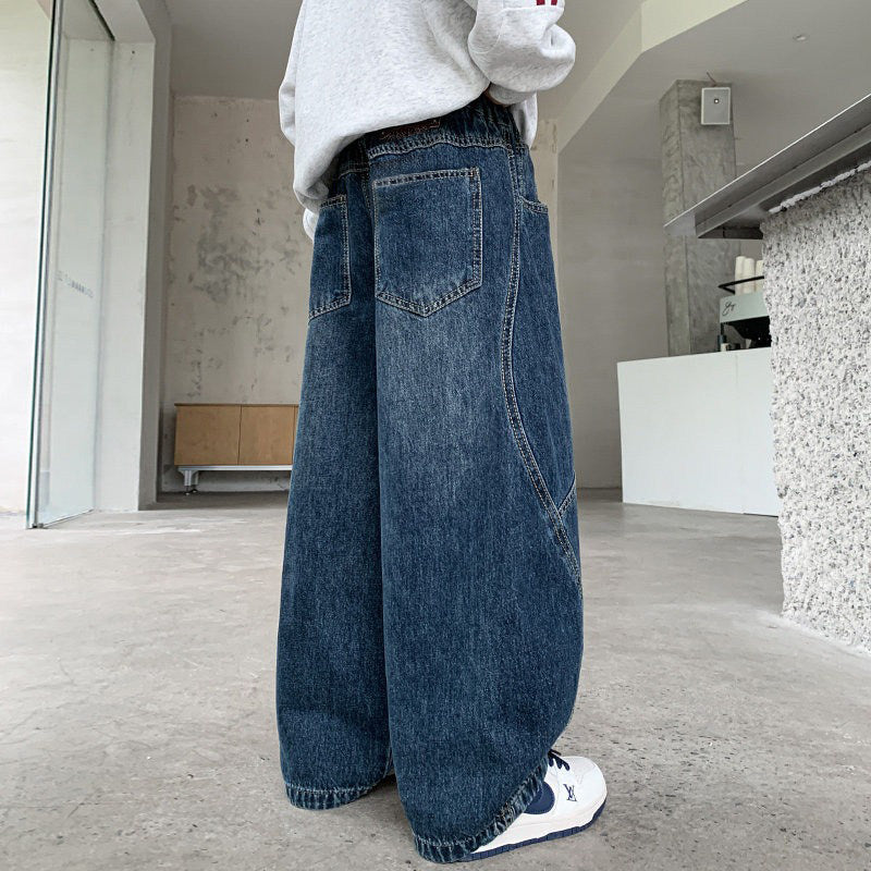 Damen weite Denim-Hose mit elastischem Bund und modischen Kontrastnähten Drune