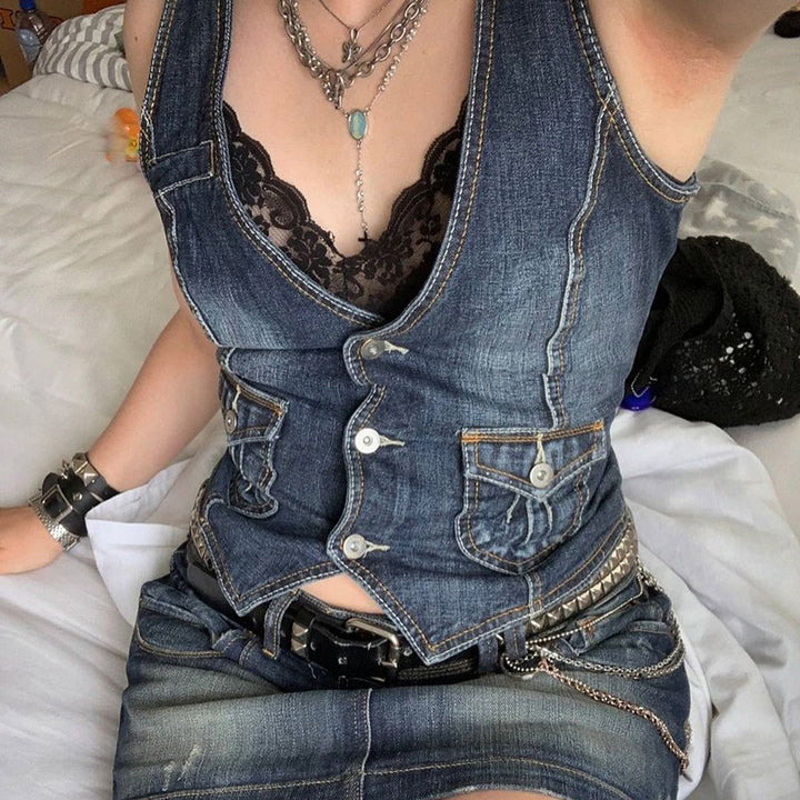 Damen Denim-Bustierjacke mit nostalgischem Spitzeneinsatz und dekorativen Knopfdetails Drune