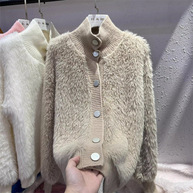 Damen kuschelige Strickjacke mit Knopfverschluss und hohem Kragen Drune