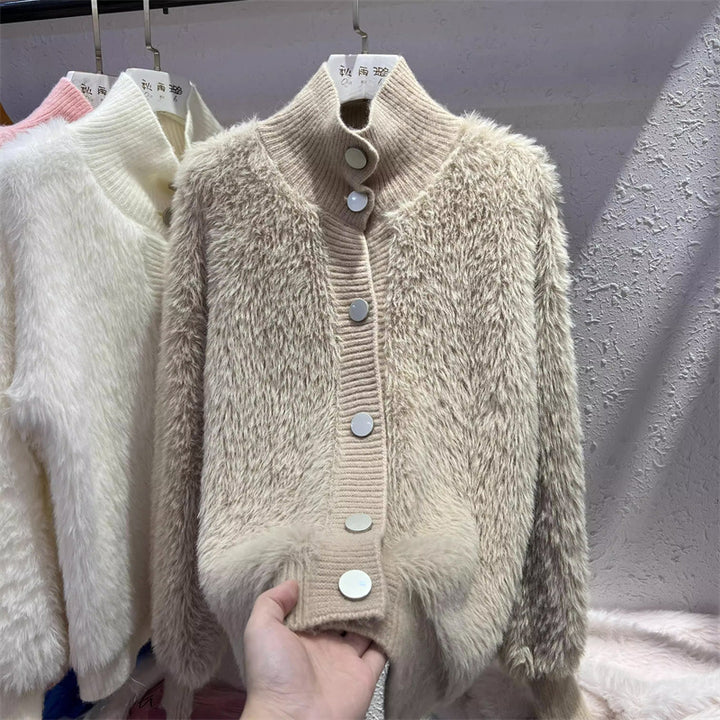 Damen kuschelige Strickjacke mit Knopfverschluss und hohem Kragen Drune