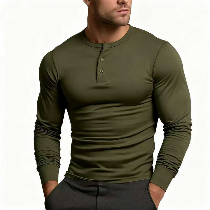 Herren nan tailliertes Langarm-Henley-Shirt aus Baumwollmix mit Knopfleiste Drune