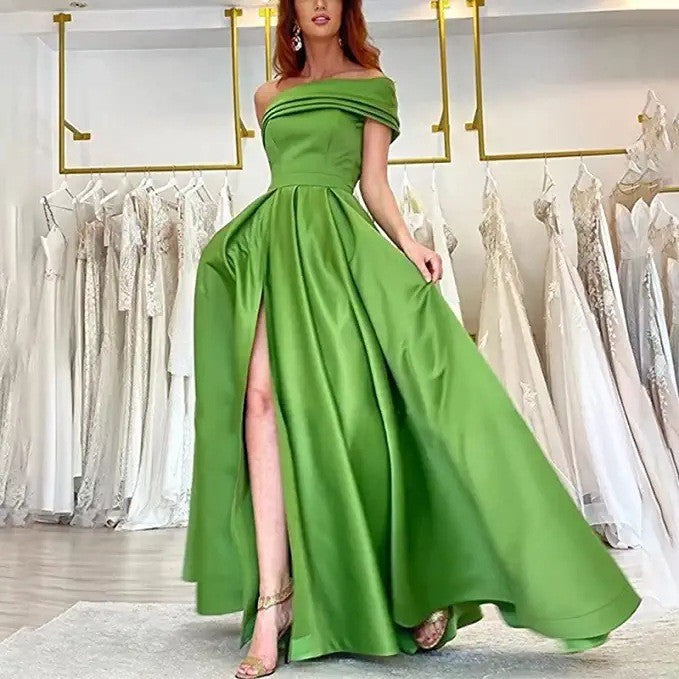 Damen Elegantes Maxikleid mit asymmetrischem Ausschnitt und hohem Beinschlitz Drune