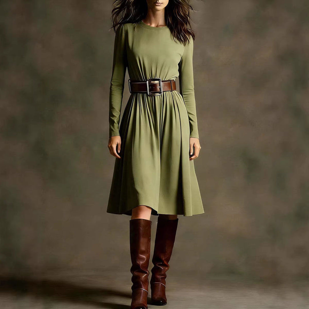 Damen Elegantes Kleid mit langem Arm und Taillengürtel Drune