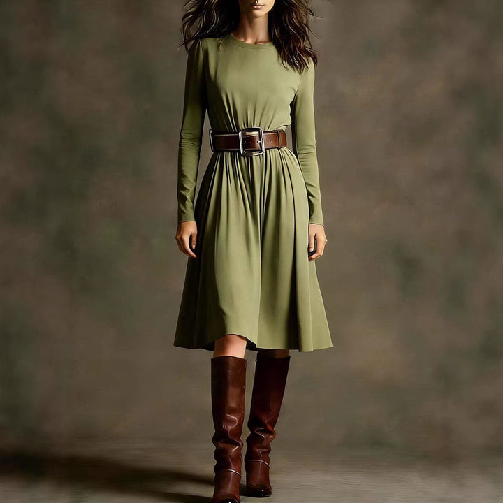 Damen Elegantes Kleid mit langem Arm und Taillengürtel Drune
