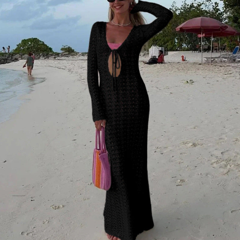 Damen luftiges Häkel-Strandkleid mit V-Ausschnitt und Schnüroptik Drune