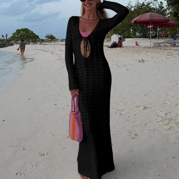 Damen luftiges Häkel-Strandkleid mit V-Ausschnitt und Schnüroptik Drune