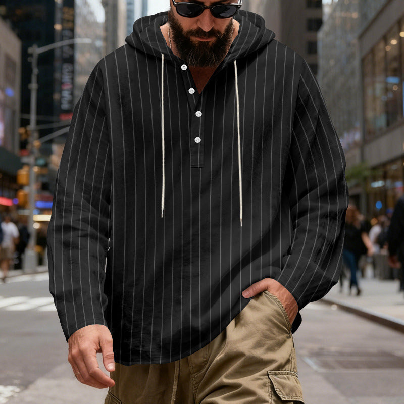 Herren nan gestreiftes Henley-Kapuzenhemd mit Langarm, lockerem Schnitt und Kordelzug Drune