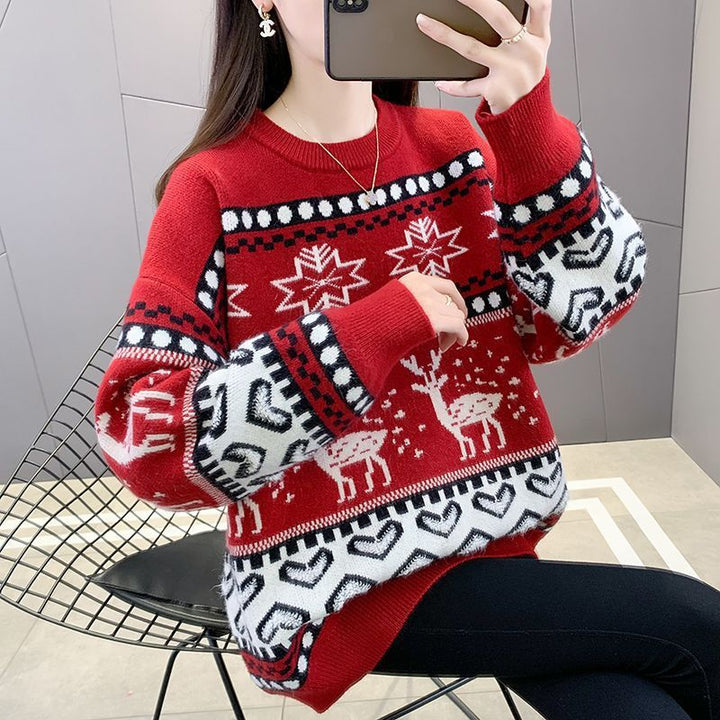 Damen Grobstrickpullover mit festlichem Rentiermotiv und modernem Design Drune