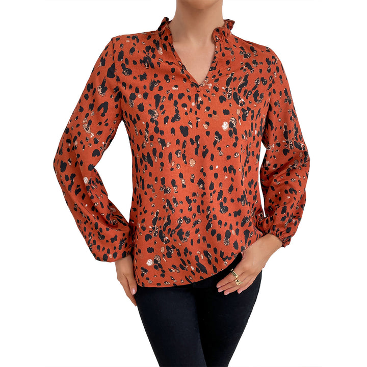 Damen Bluse mit floralem Leopardenmuster und voluminösen Ärmeln Drune
