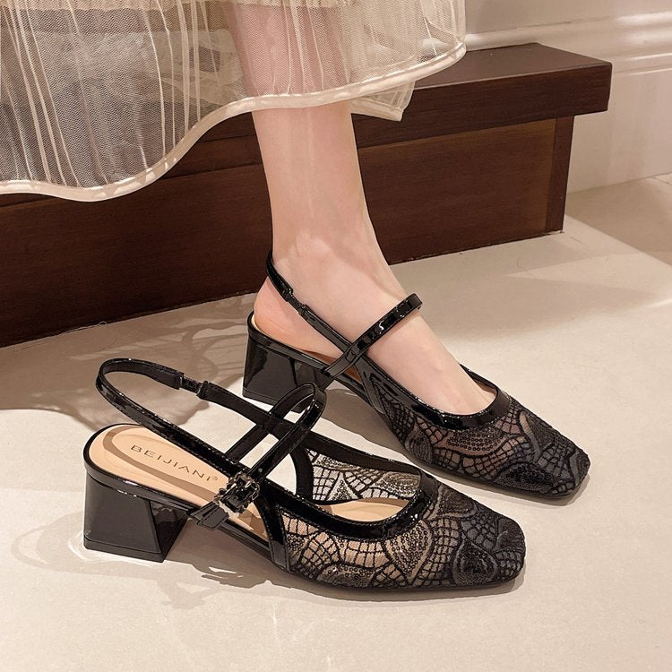 Damen Slingback-Pumps mit floralem Spitzenmuster und elegantem Blockabsatz Drune