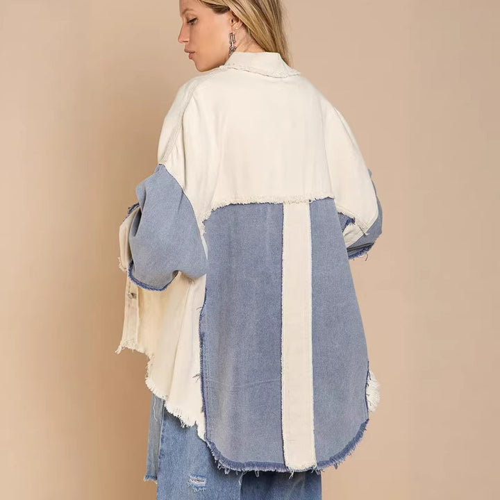 Damen Oversized Denim Jacke mit einzigartigen Farbblöcken und fransigen Details Drune