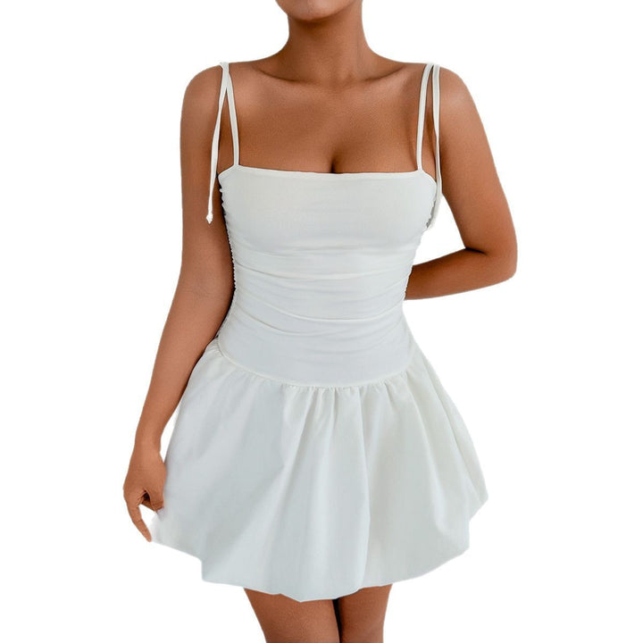 Damen verspieltes Minikleid mit Spaghetti-Trägern und gerafftem Rock Drune