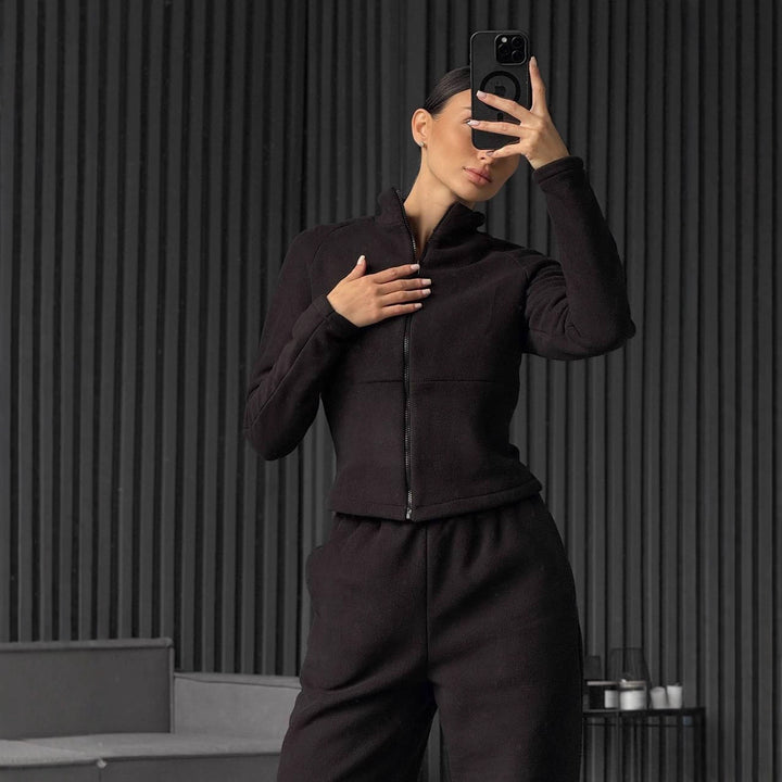 Damen Fleece-Jogginganzug mit hohem Kragen und praktischen Taschen Drune