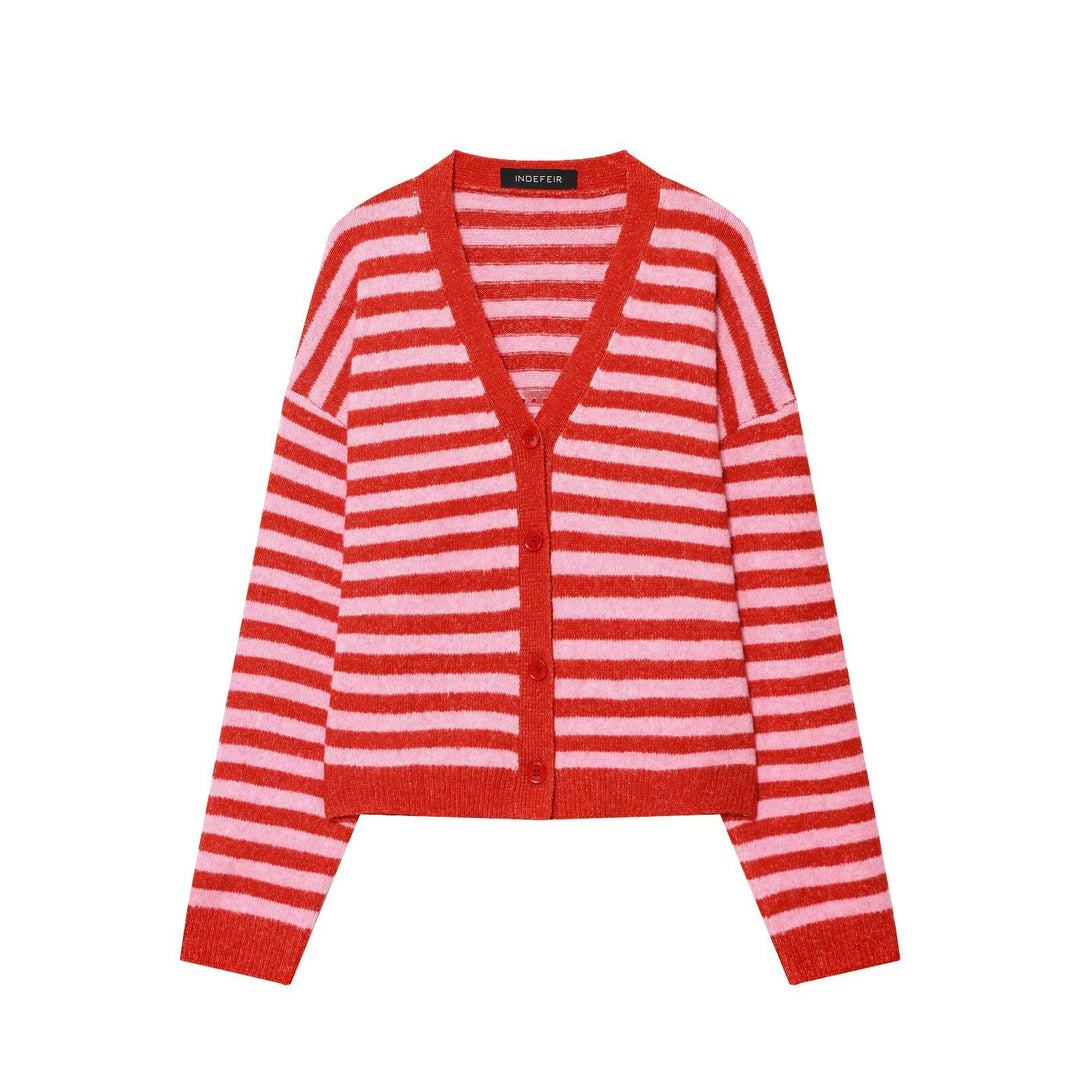 Damen modische gestreifte Strickjacke mit V-Ausschnitt und Knopfleiste Drune