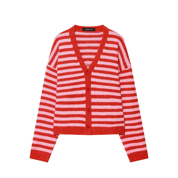Damen modische gestreifte Strickjacke mit V-Ausschnitt und Knopfleiste Drune