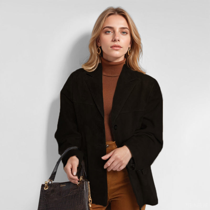 Damen nan Oversize Wildlederblazer mit Reverskragen und aufgesetzten Taschen Drune