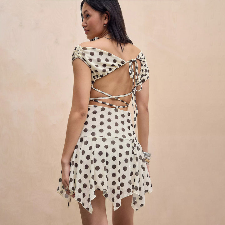 Damen verspieltes Polka Dot Kleid mit leichtem Stoff und tiefem V-Ausschnitt Drune