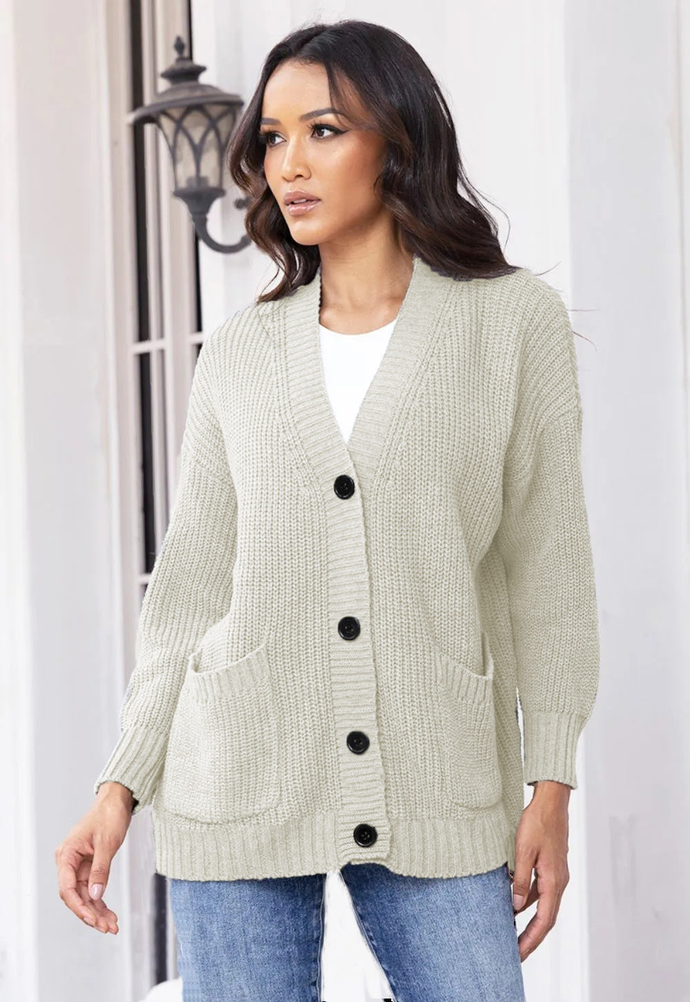 Damen Grobstrick-Cardigan mit großen Taschen und klassischem V-Ausschnitt Drune