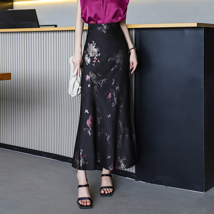 Damen nan floraler Bias-Cut Midirock mit seitlichem Schlitz und taillennahem Komfortbund Drune