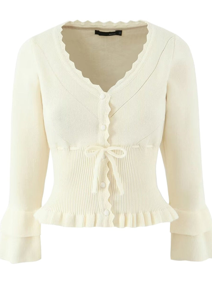 Damen modische kurzärmelige Strickjacke mit Rüschendetails und Knopfverschluss Drune