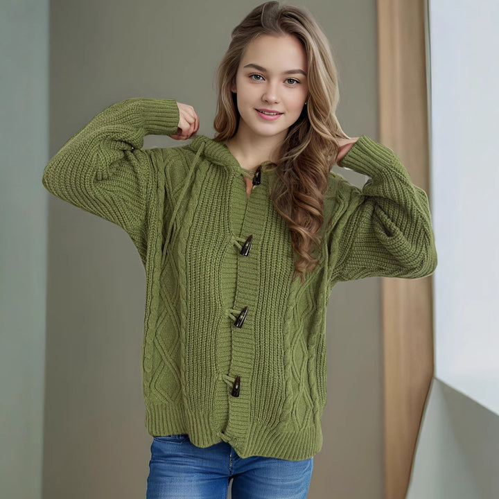 Damen Grobstrick-Kapuzen-Cardigan mit dekorativem Zopfmuster Drune
