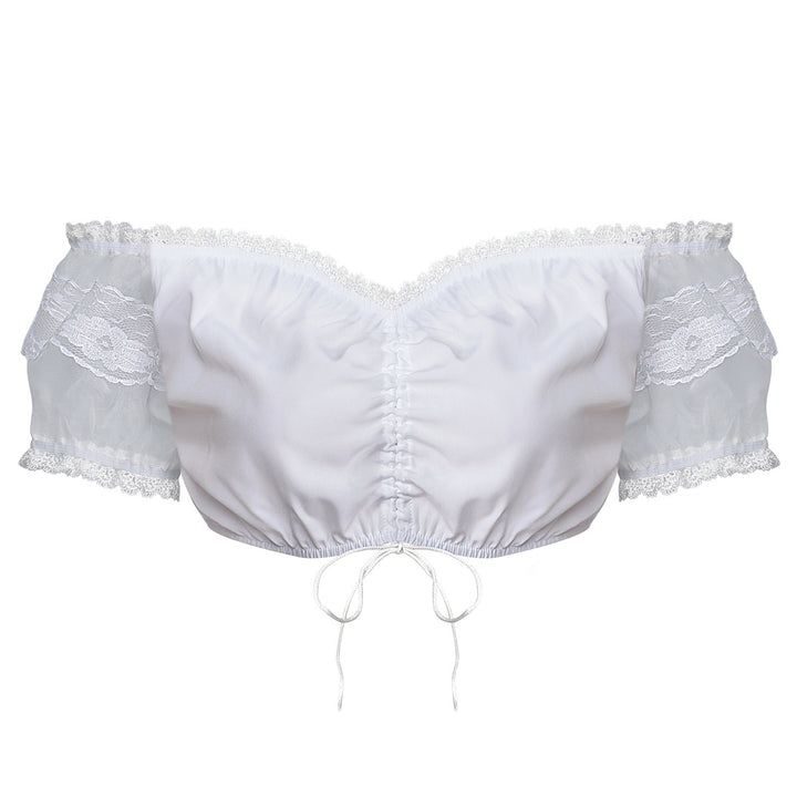 Damen nan Spitzenbolero Bluse mit Stehkragen, 3/4 Ärmeln und Bindeband Drune